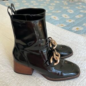 Steve Madden Loreen Black Patent Chain-Accent Ankle Boots Size 8